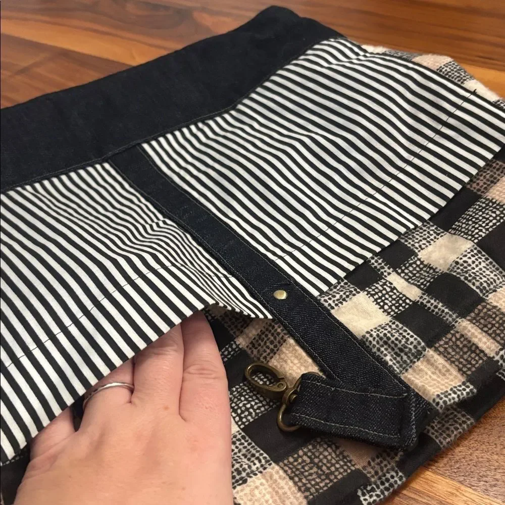 Large Hobo Striped Black White Brown Plaid Denim Purse Handbag